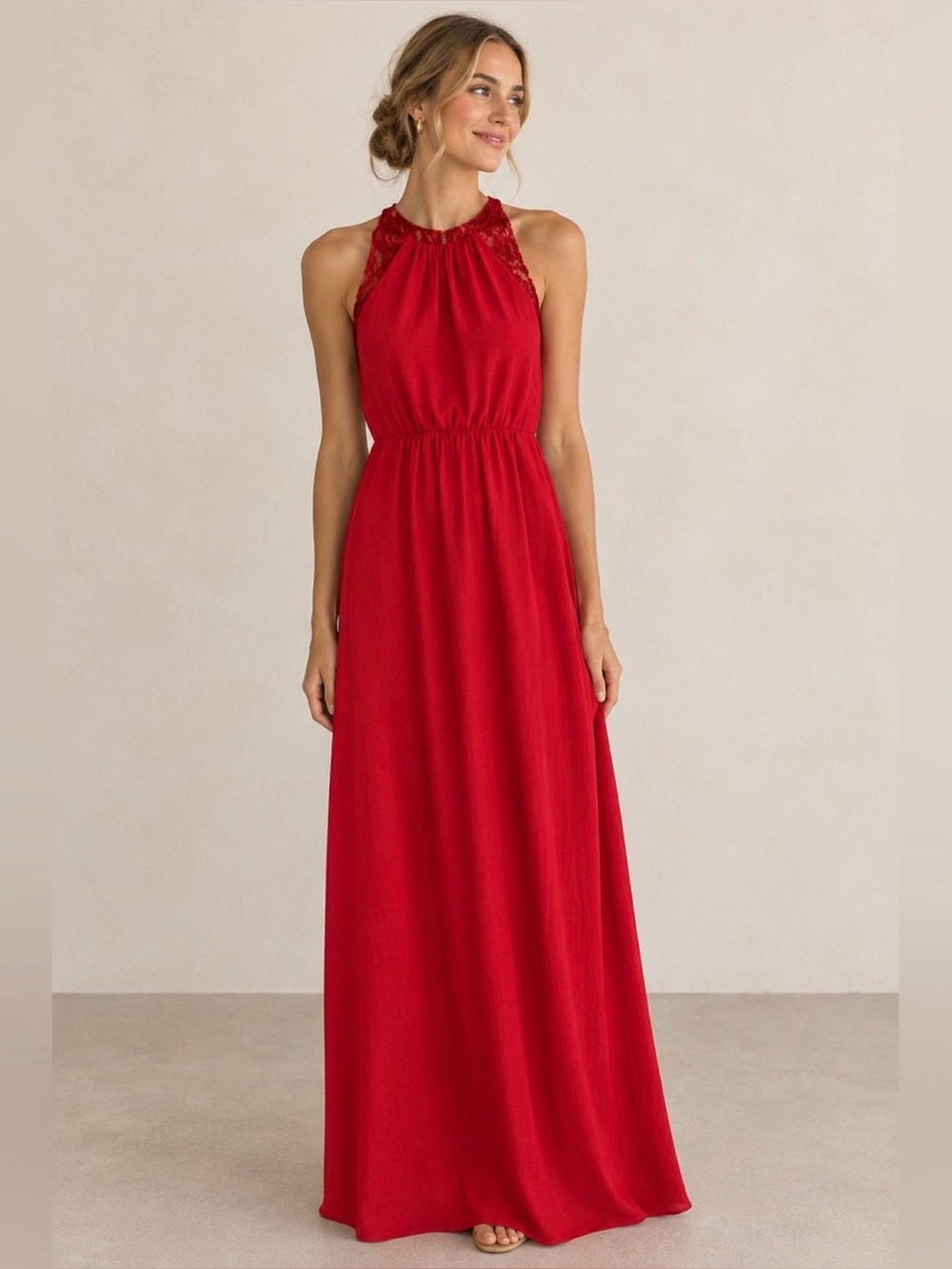 NWT Jasmine Red Halter Lace-Shoulder Maxi Dress, Size Junior 13 14 15, Formal